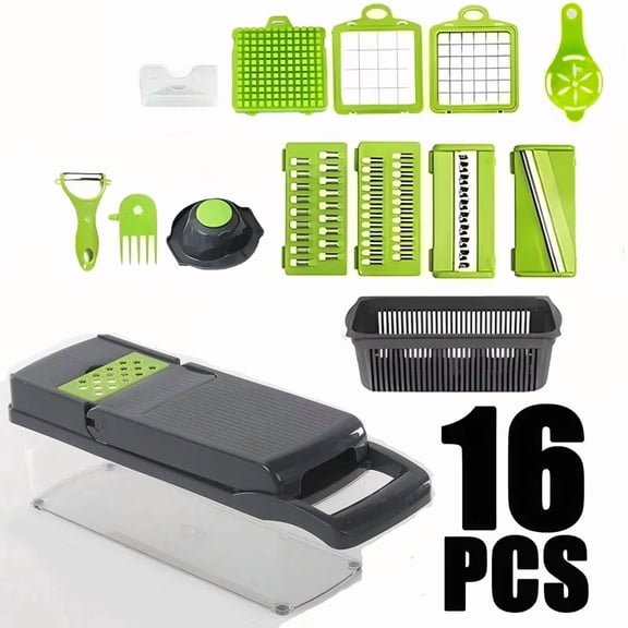 16 in 1 Handheld Slicers Dicers Graters, Multifunctional Vegetable Chopper Kitchen Food Tool with Container & Safety Guard