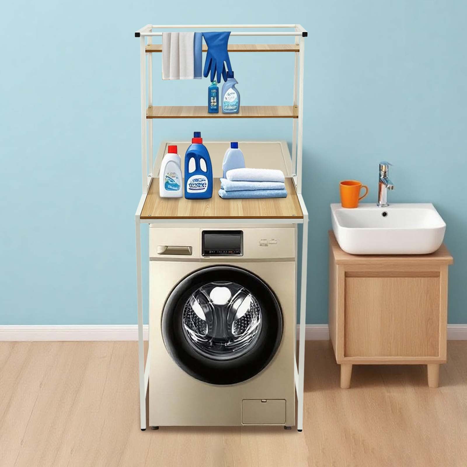 Miumaeov Over Washer Dryer Stacking Rack, Clothes Drying Rack Stand Over Washer, 2 Tier Adjustable Height Storage Shelving for Bathroom, Bedroom,Balcony