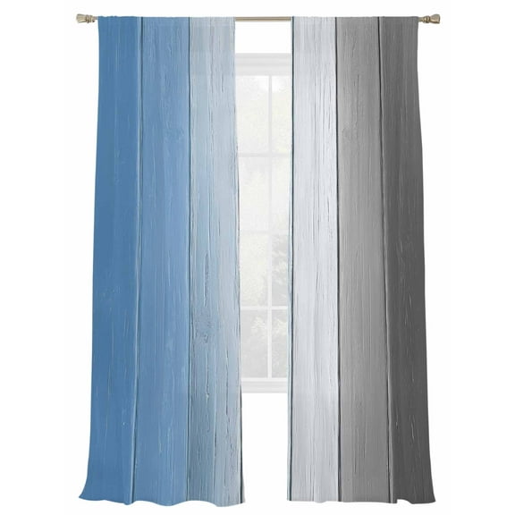 Blue Gray Ombre Sheer Curtains 108 Inch Length 2 Panels Set, Semi Transparent Voile Rod Pocket Curtains for Living Dining Room Bedroom Drapes Vintage Country Wooden