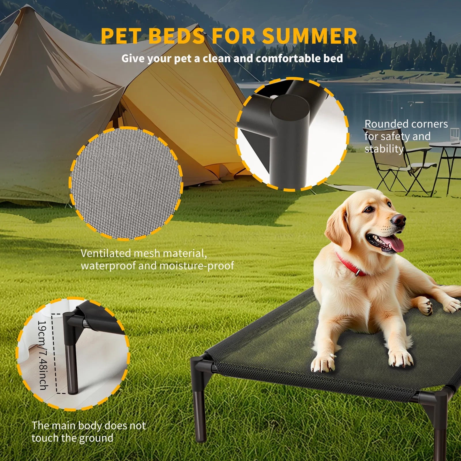 Elevated Breathable Mesh Pet Bed, Size L, Indoor/Outdoor, Black, for Small to Medium Pets
