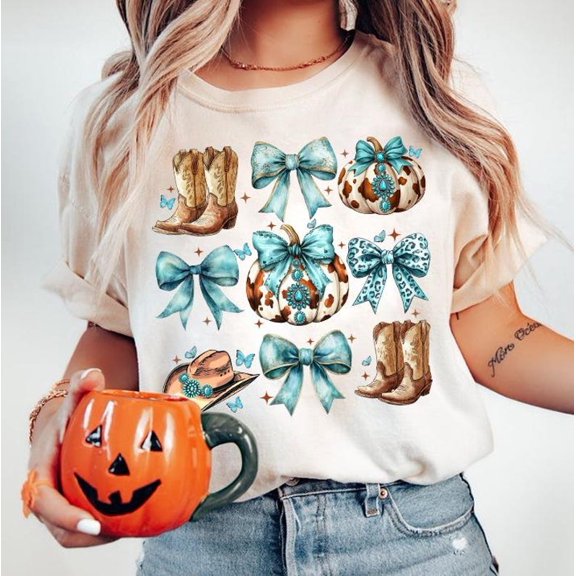 Howdy Fall Western Pumpkin T-shirt, Fall Cowhide Pumpkin, Fall Shirt, Western Pumpkin Shirt, Coquette Bow Pumpkin, Fall T-shirt TH030623