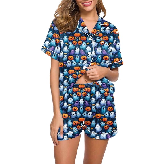 RMGVDSD Halloween Pajama Sets for Women 2 Piece Pumpkin Ghost Print Pajamas Set Short Sleeve Top and Shorts Soft Sleepwear Holiday Party Nightwear