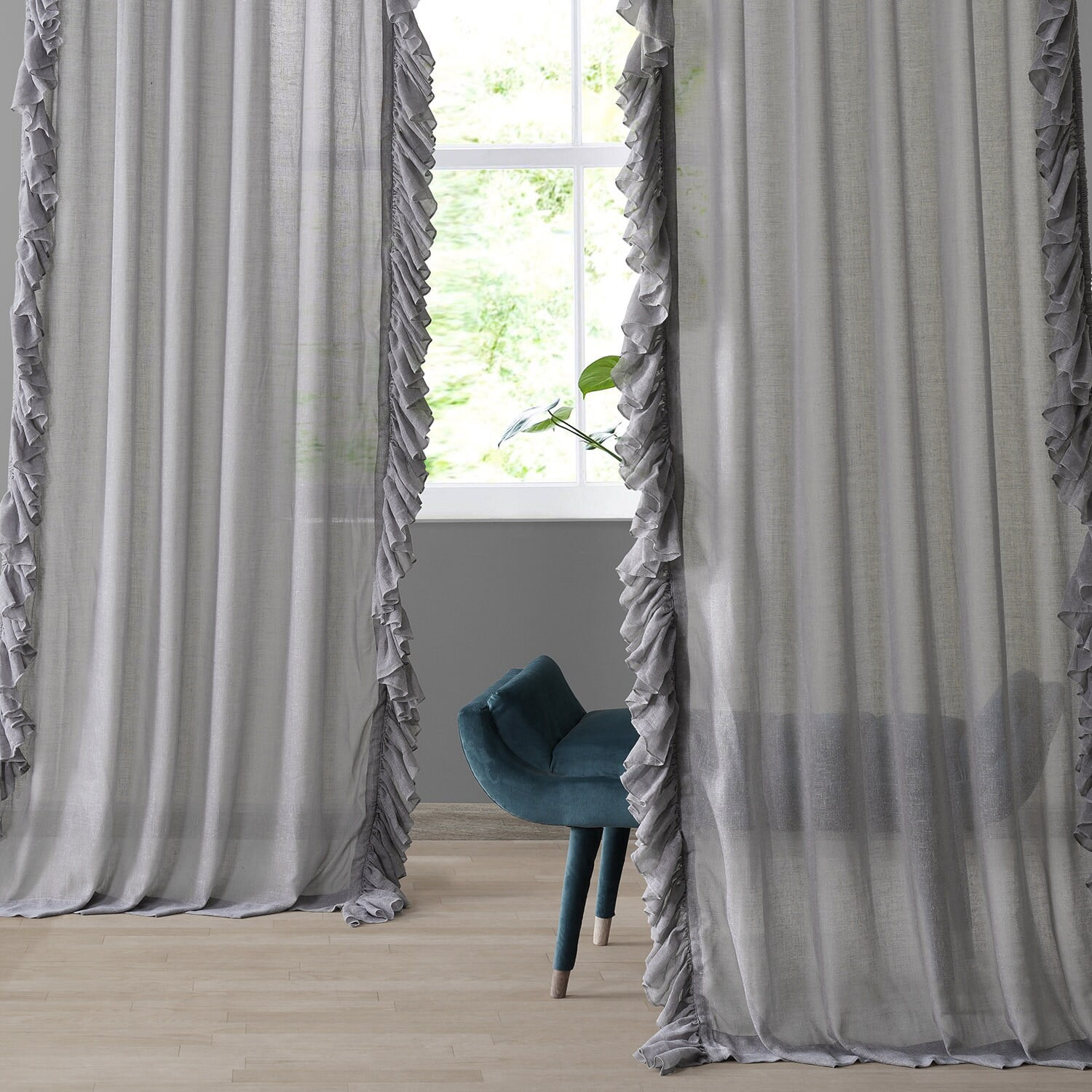 Nickel Faux Linen Ruffle Sheer Curtain (1 Panel), Nickel, 50W X 84L