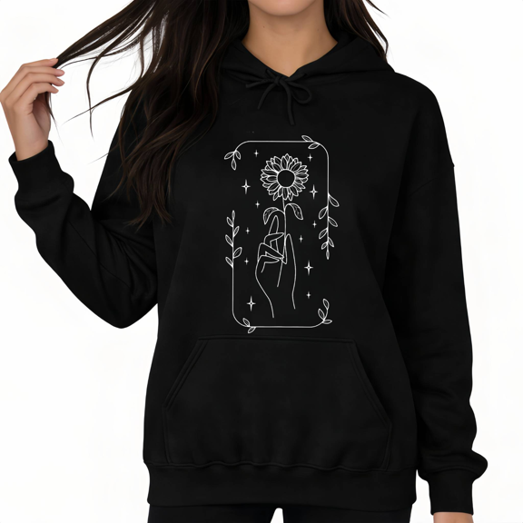 Black Print Hoodie Graphic Hoodie Line Art Tarot Sunflower Artistic Floral Print Casual Wear S-2XL Tops