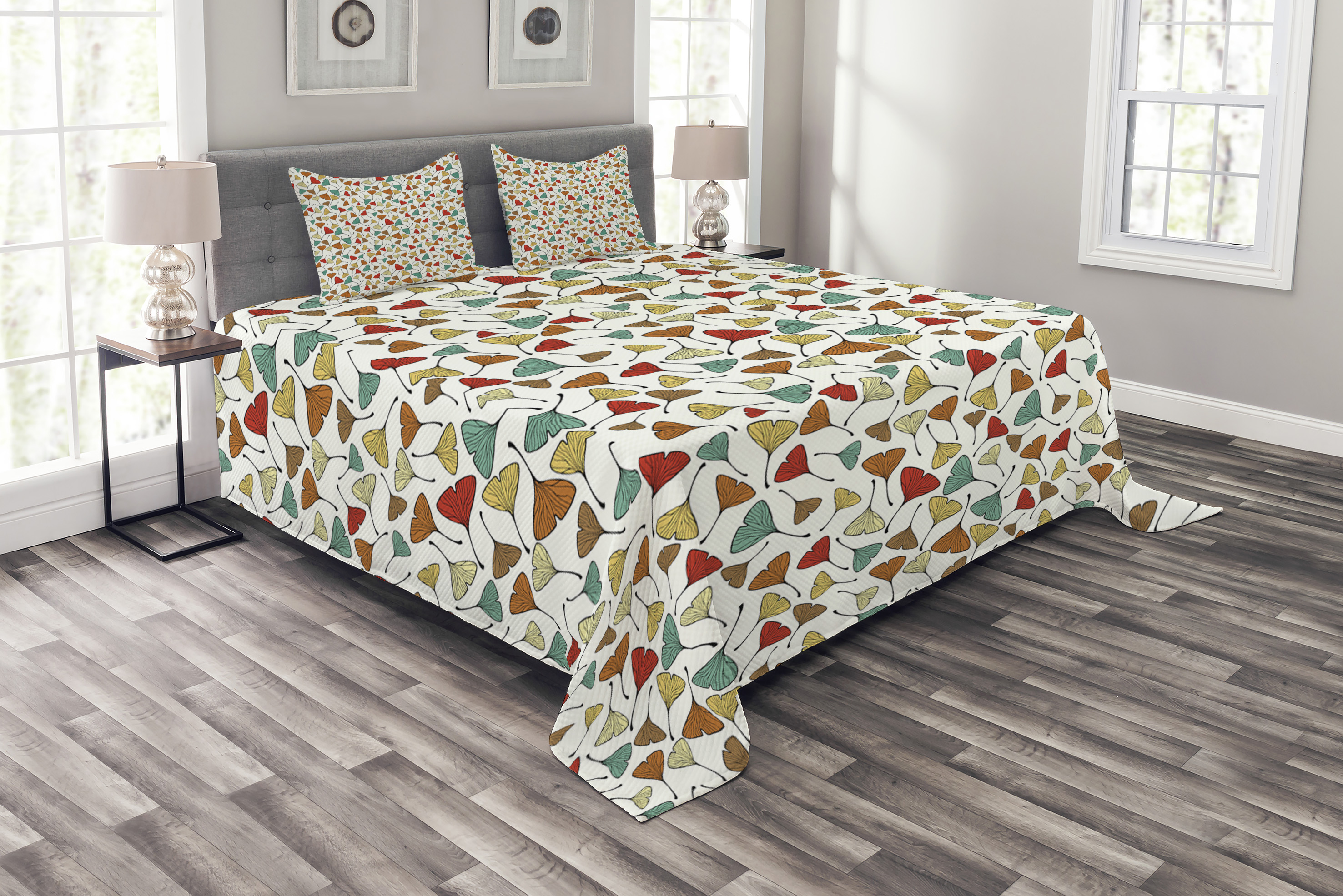 Leaves Bedspread Set, Sketch Art Style Ginkgo Biloba Leaf Pattern in