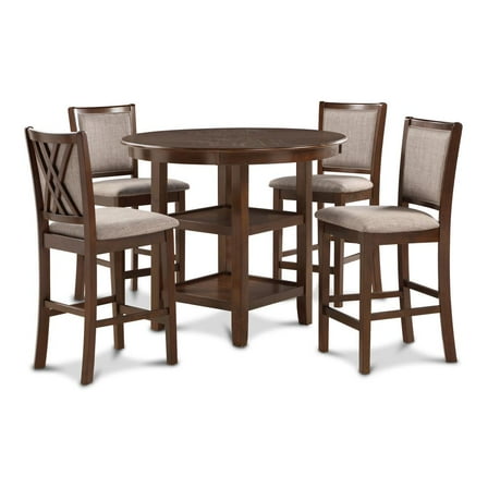 New Classic Furniture Amy 5-Piece Round Wood & Fabric Counter Set in Cherry