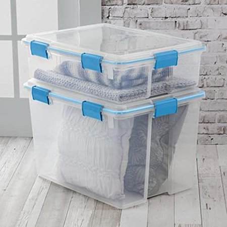 80 Quart Clear Plastic Stackable Storage Container Box Bin With Air Tight Gasket Seal Latching Lid Long Term Organizing Solution, 12 Pack