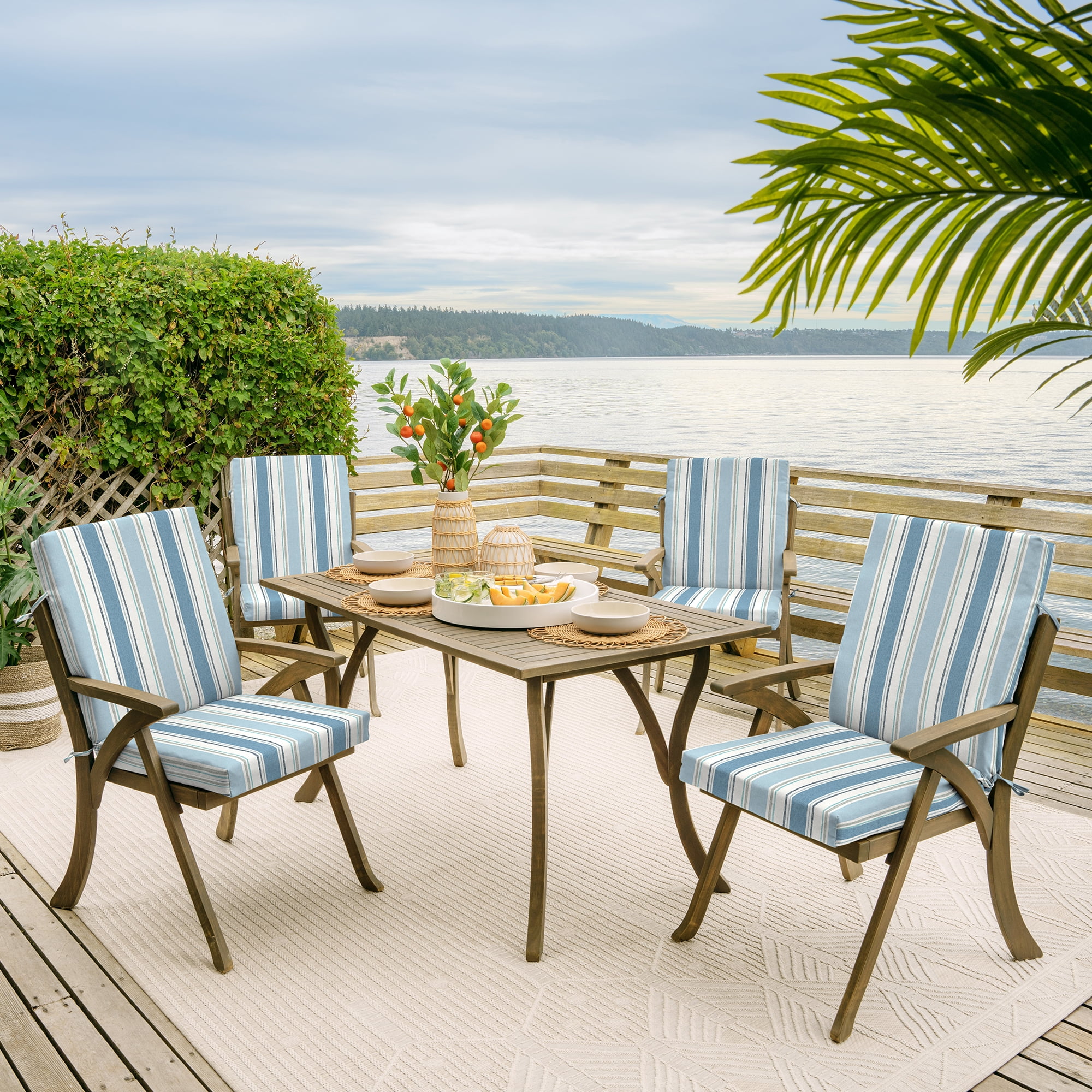 ARDEN Outdoor Dining Chair Cushion 20 x 20, Water Repellent, Fade Resistant 20 x 20, French Blue Linen Stripe
