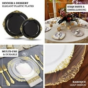 Efavormart 10 Pack | White/Silver Baroque 8 Round Plastic Dessert Salad Plates, Disposable Tableware with Leaf Embossed Gold Rim