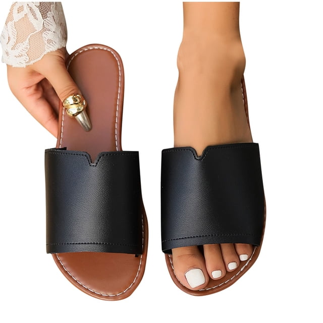 Flat Sandals for Women Slide Open Toe Solid Color Leather Non Slip Breathable Beach Summer Slide Sandals Black