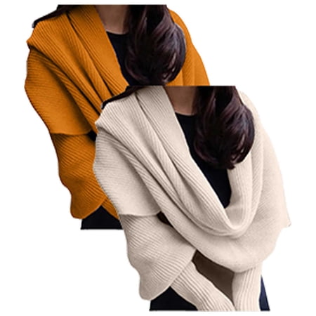 Hontri Wraps for Women Utrum Knitted Cable Wrap for Women Cropped Sweater Womens Wrap Sweater Knitted Scarf with Sleeves Knitted Wrap Shawl Wraps for Women Beige 1