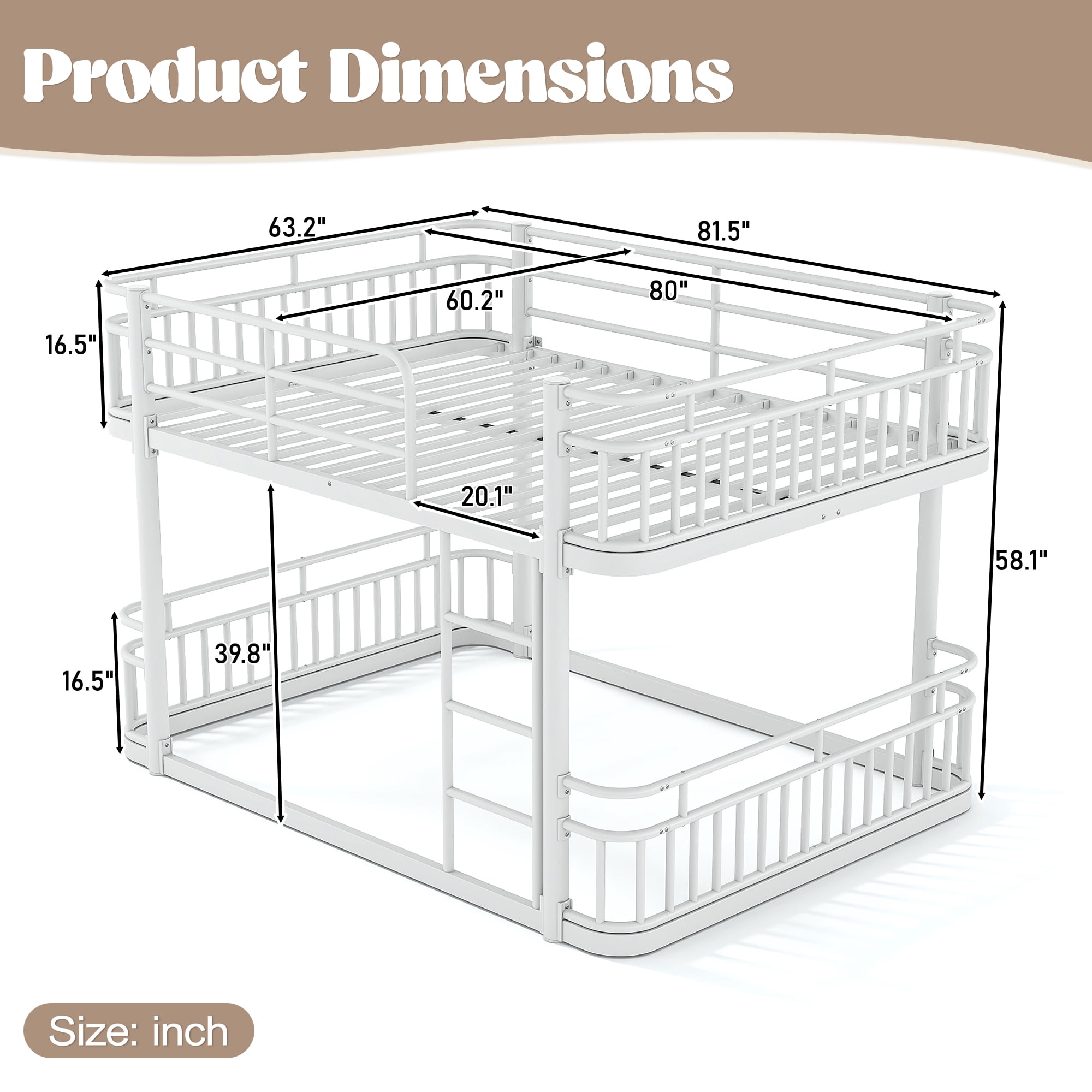 Leumius Queen over Queen Bunk Bed Frame with Ladders & Guardrails, Upgraded Round-Pipe Metal Frame, Stylish & Versatile for Any Room,White