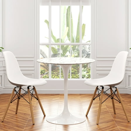 Modholic Tulip 32" Marble Dining Table & Set Of 2 Eiffel Chairs, White