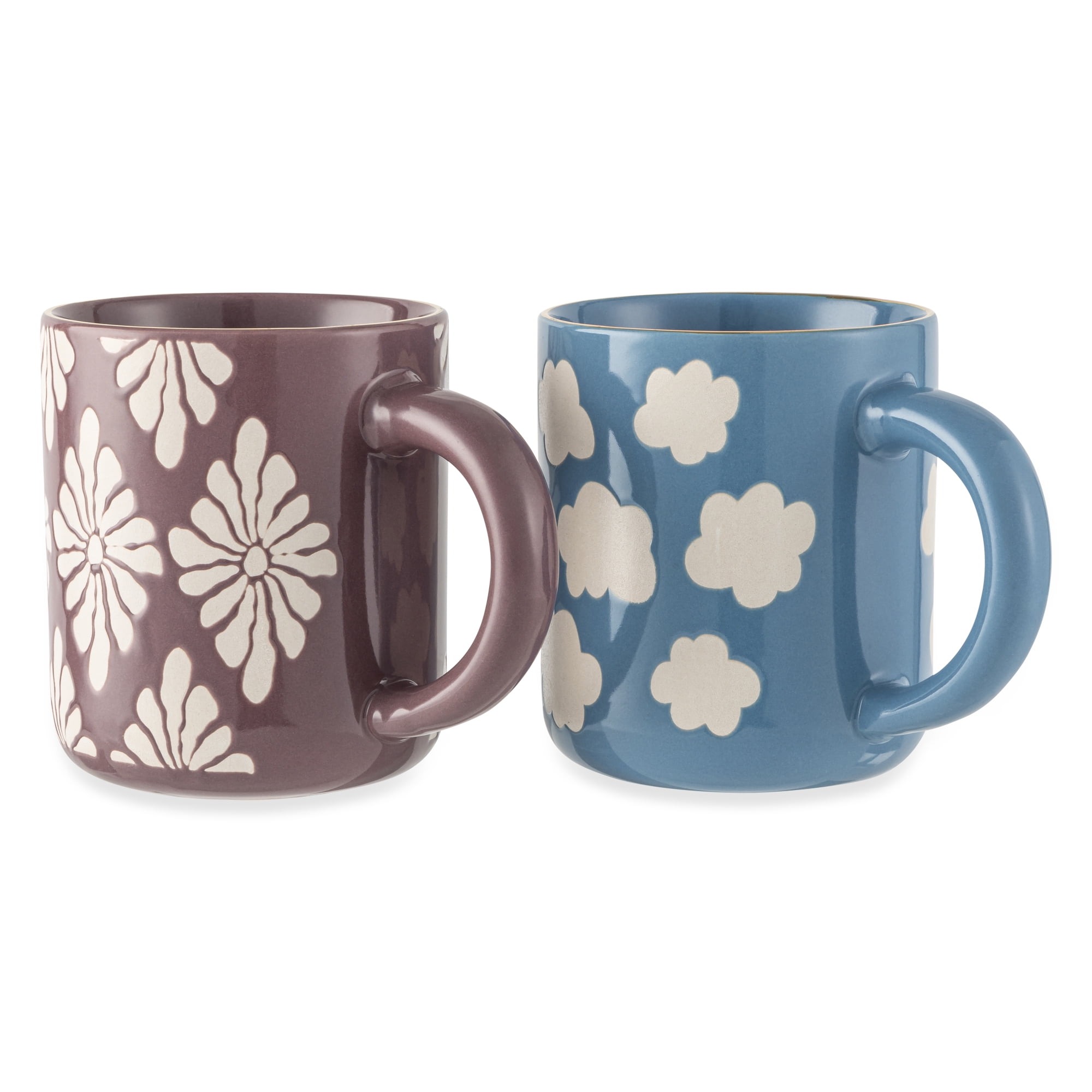 Lot de 2 mugs Thyme & Table, motif ciel bleu avec nuages et violet avec fleurs blanches, avec bords dorés, 56 cl, en grès