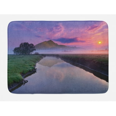 Landscape Bath Mat, Still Lake View with Misty Purple Sunny Sky and Big Mountain on the Background, Non-Slip Plush Mat Bathroom Kitchen Laundry Room Decor, 29.5 X 17.5 Inches, Multicolor, Ambesonne