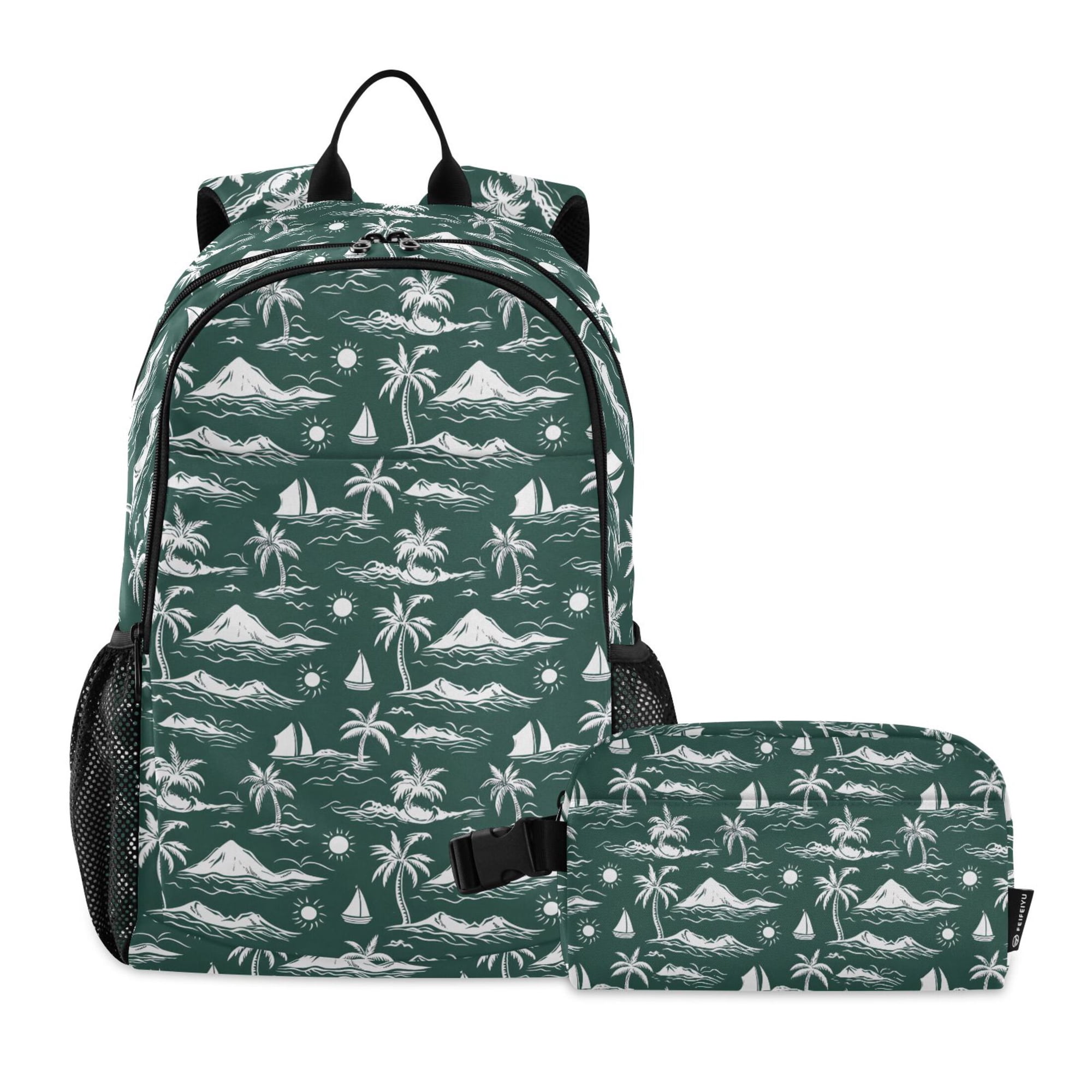 ALAZA Green Palm Tree Sailboat Sun Pattern School Backpack Lunch Box Set Student Bookbag