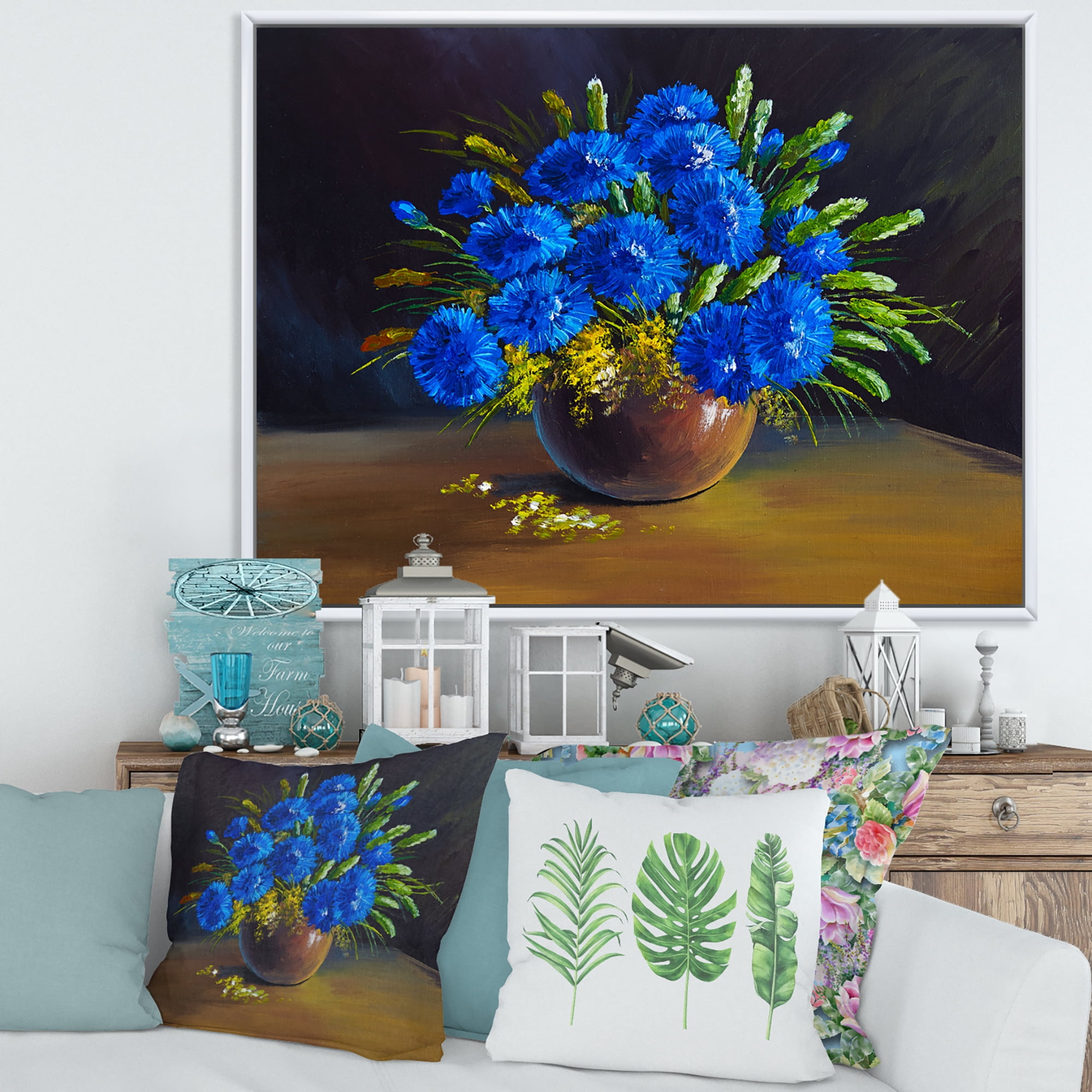 Still Life A Bouquet Of Blue Wildflowers In Vase 32 in x 24 in Framed Painting Canvas Art Print, by Designart