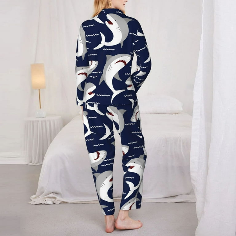 Kll Angry Shark Print Women S Long Sleeve Pajamas With Pants Sleepwear Loungewear 2 Set X Large