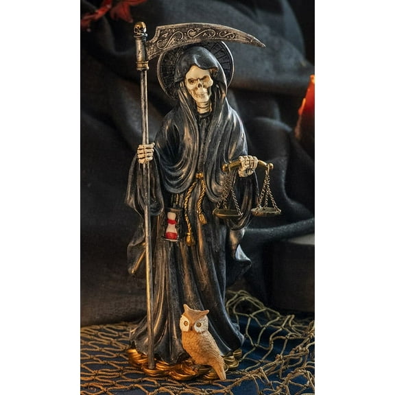Standing Black Santa Muerte With Scythe Scales of Justice And Wise Owl Figurine
