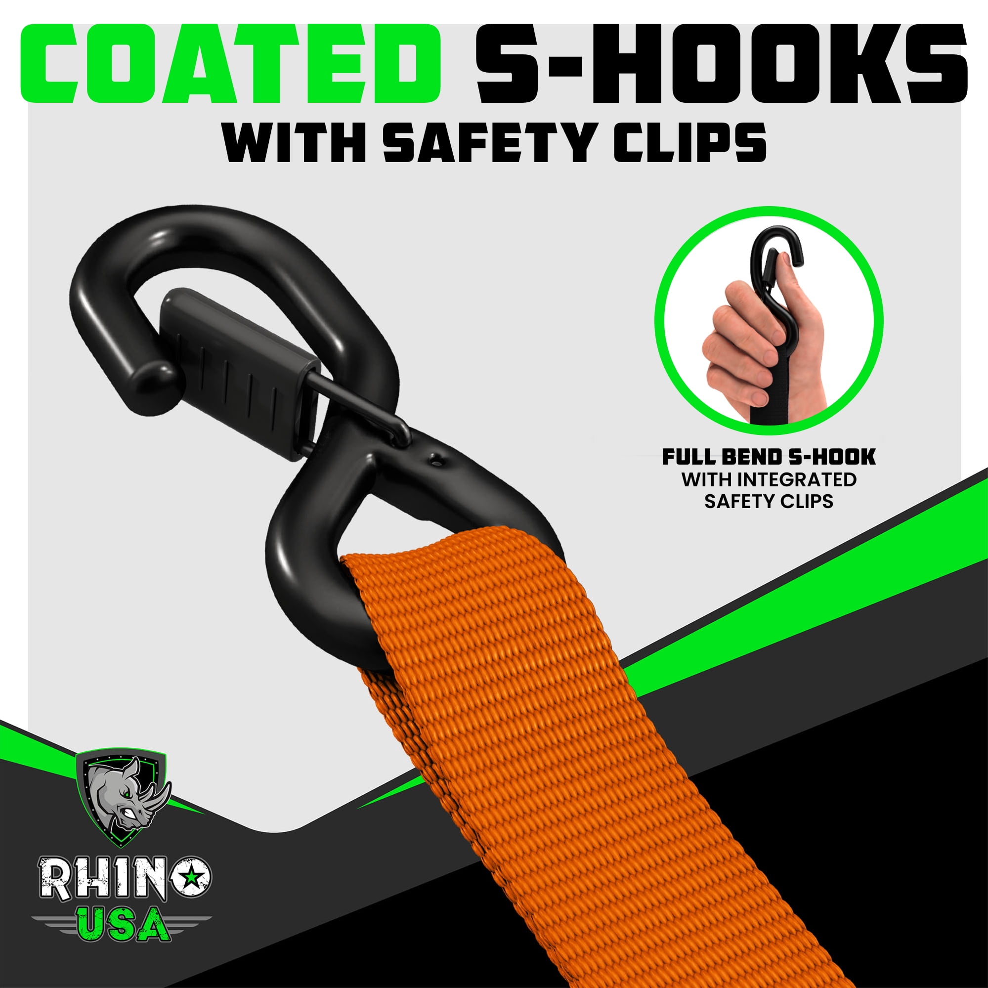 Rhino USA 1.6" x 8' Heavy Duty Ratchet Tie-Down Set with S Hooks - 5,208lb Break Strength (Orange 2pc)