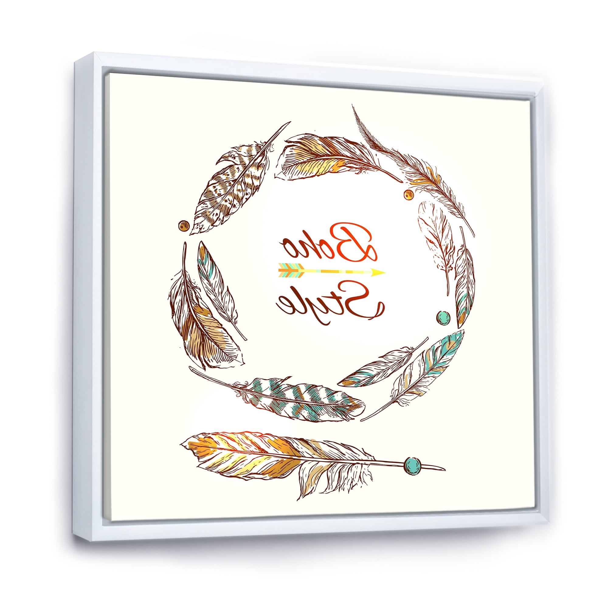 Designart 'Wreath Of Ethnic Beige Boho Feather' Bohemian & Eclectic Framed Canvas Wall Art Print