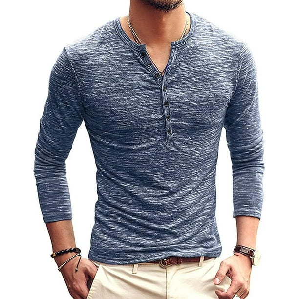Xishao Playera Hombre Camiseta Henley Shirts de Manga Larga Camisa Casual Slim con Cuello en V Botones azul oscuro G azul oscuro G Xishao ropa Walmart en linea