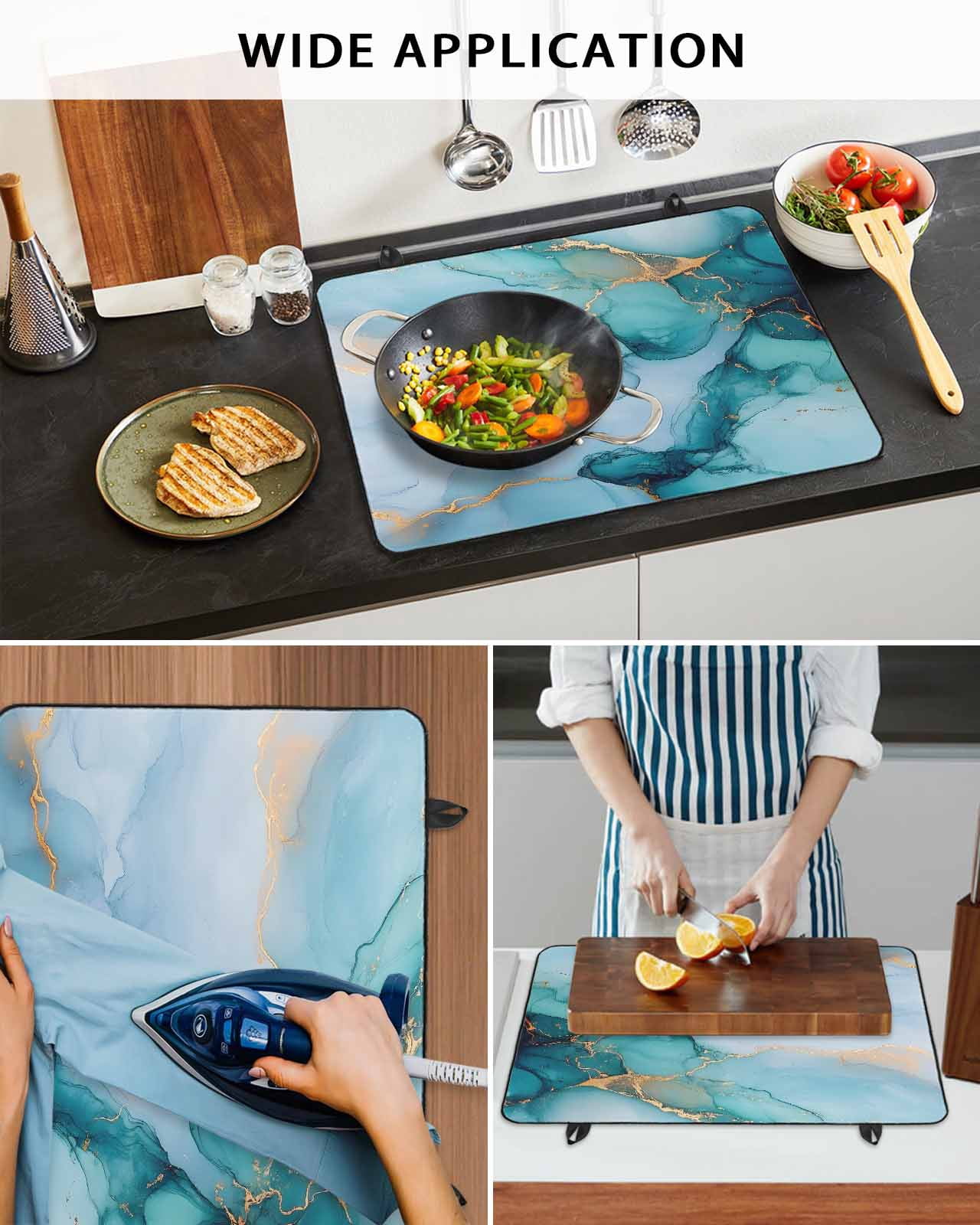 nqOlkjepod Large Induction Cooktop Protector Mat 24"x21", Turquoise Gold Marble Stove Top Covers for Electric Stove, Modern Marble Geometric Decorative Stove Burner Cover Mats, Glass Top Stove Cover