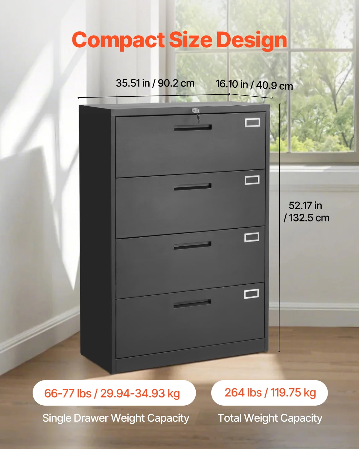 VEVOR 4 Drawers Metal File Cabinet, Vertical Filing Cabinet with Lock and Adjustable Hanging Rod, Tall Filing Storage Cabinets for Home and Office Fit Letter,A4,Legal Size File,Easy Assembly,Black