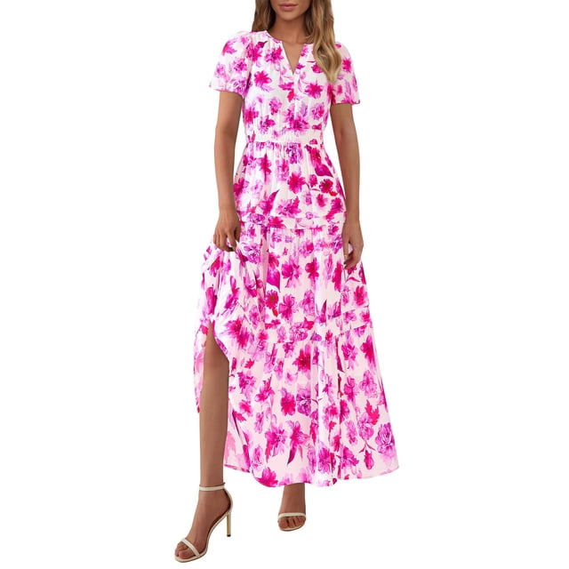 Vestido largo PRETTYGARDEN para mujer, estampado floral, cuello en V, corte A