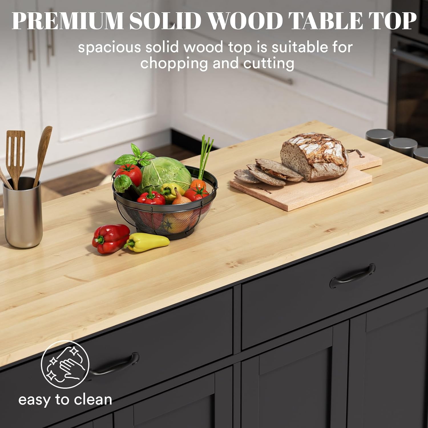 ZIVACATE Kitchen Island Cart with Solid Wood Top Mobile Carts Portable Islands on Wheels, Black