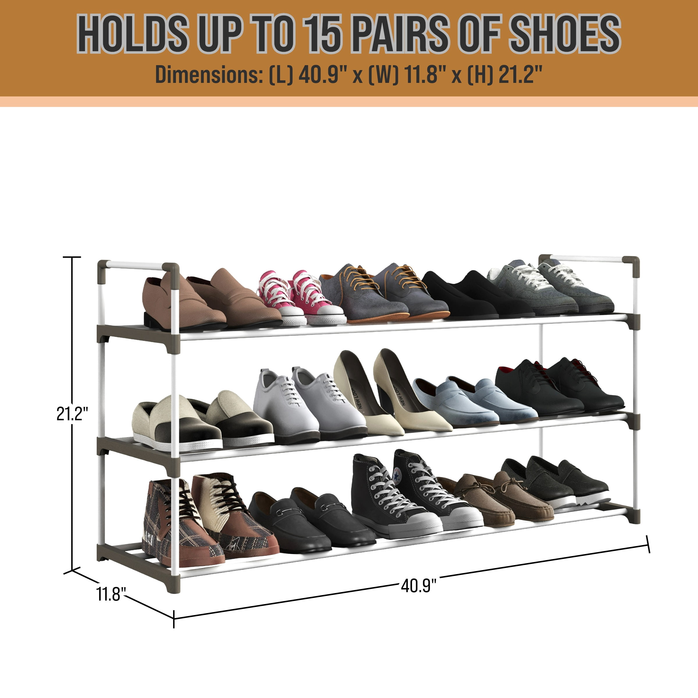 Home-Complete 3-Tier Shoe Rack Organizer, Shelf Holds 15 Pairs Sneakers, Heels, Boots (White)