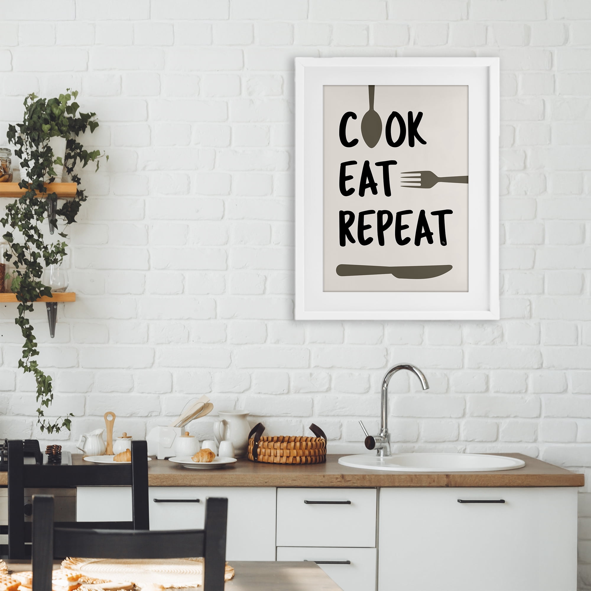 Stupell Industries Cook Eat Repeat with Utensils White Framed Print Under Glass, design by Martina Pavlova