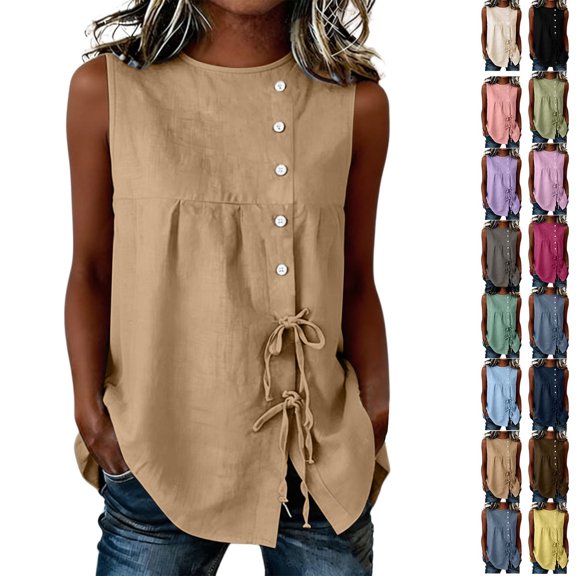 Dvprdro Womens Round Neck Tie Front Tank Top Linen Sleeveless Loose Fit Solid Summer Casual Tops