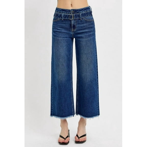 RISEN Raw Hem Wide Leg Attached Buckle Jeans