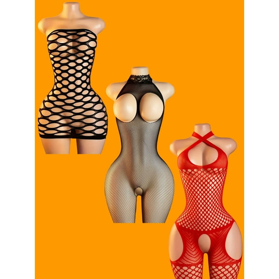3PCS Women's Sexy Lingerie & Fishnet Jumpsuit Set - Black Mesh Bodysuit with Deep V-Neckline, Corset Top and High-Waisted Shorts for Valentine's Day, Christmas