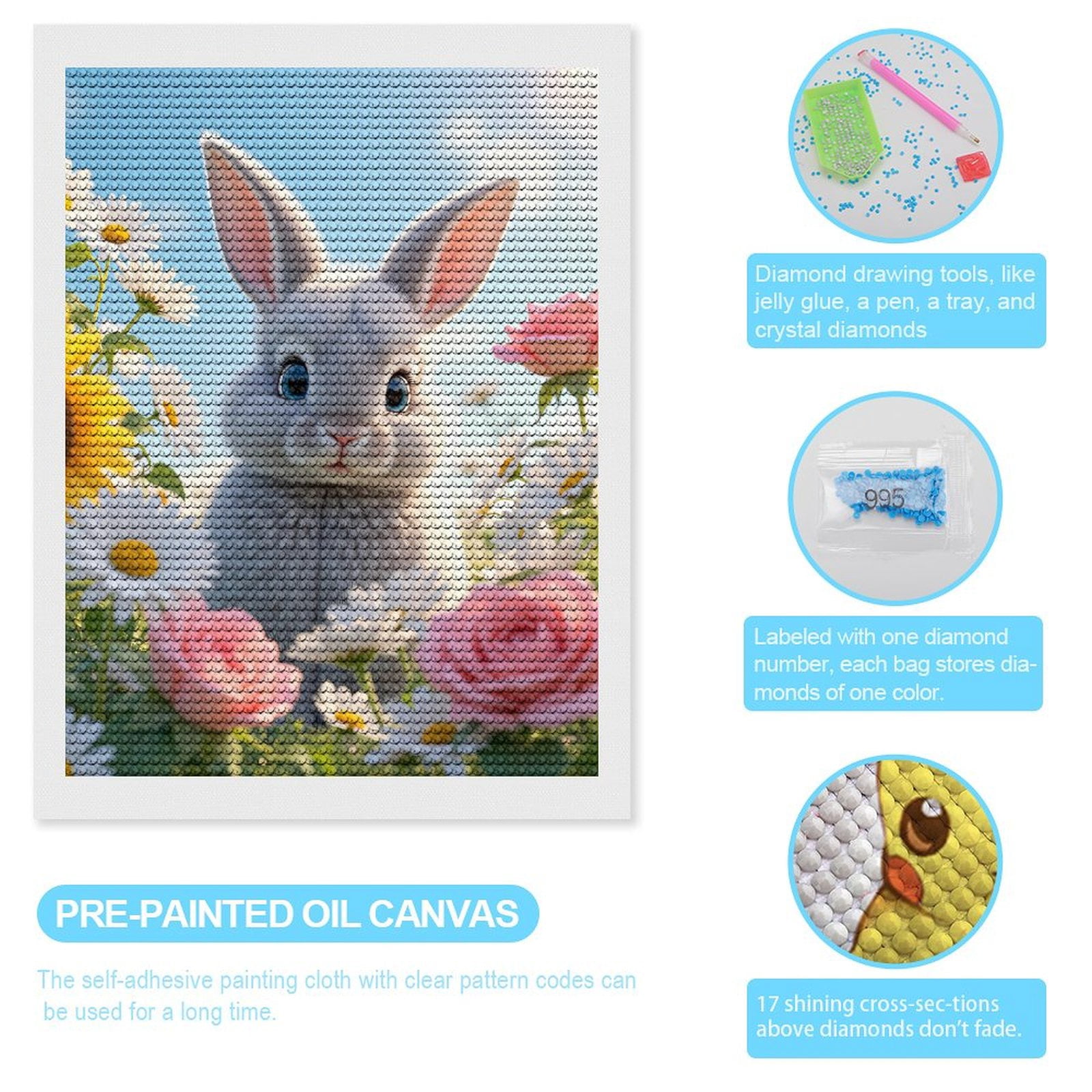 Diamond Art Kits for Adults, Rabbit In A Flower Garden 5D Diamond Painting Kits for Adults Beginners, DIY Full Drill Diamond Painting, Gem Art and Crafts 12x16
