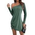 thumbnail image 3 of Womens One Shoulder Tunic Long Sleeve Solid Twist Hem Mini Dress Dressy Casual Loose Spring Summer Dress Green M, 3 of 9