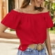thumbnail image 3 of Blusa de manga corta con volantes y dobladillo con volantes para mujer Camisa con hombros descubiertos de color puro de verano Rojo L, 3 of 8