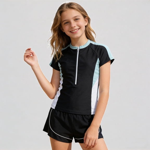 Daznico Girls 2-Piece Short Sleeve Zipper Front Rash Guard & Swim Shorts Set, Sporty Kids Swimwear for Beach Pool,8-9 Years