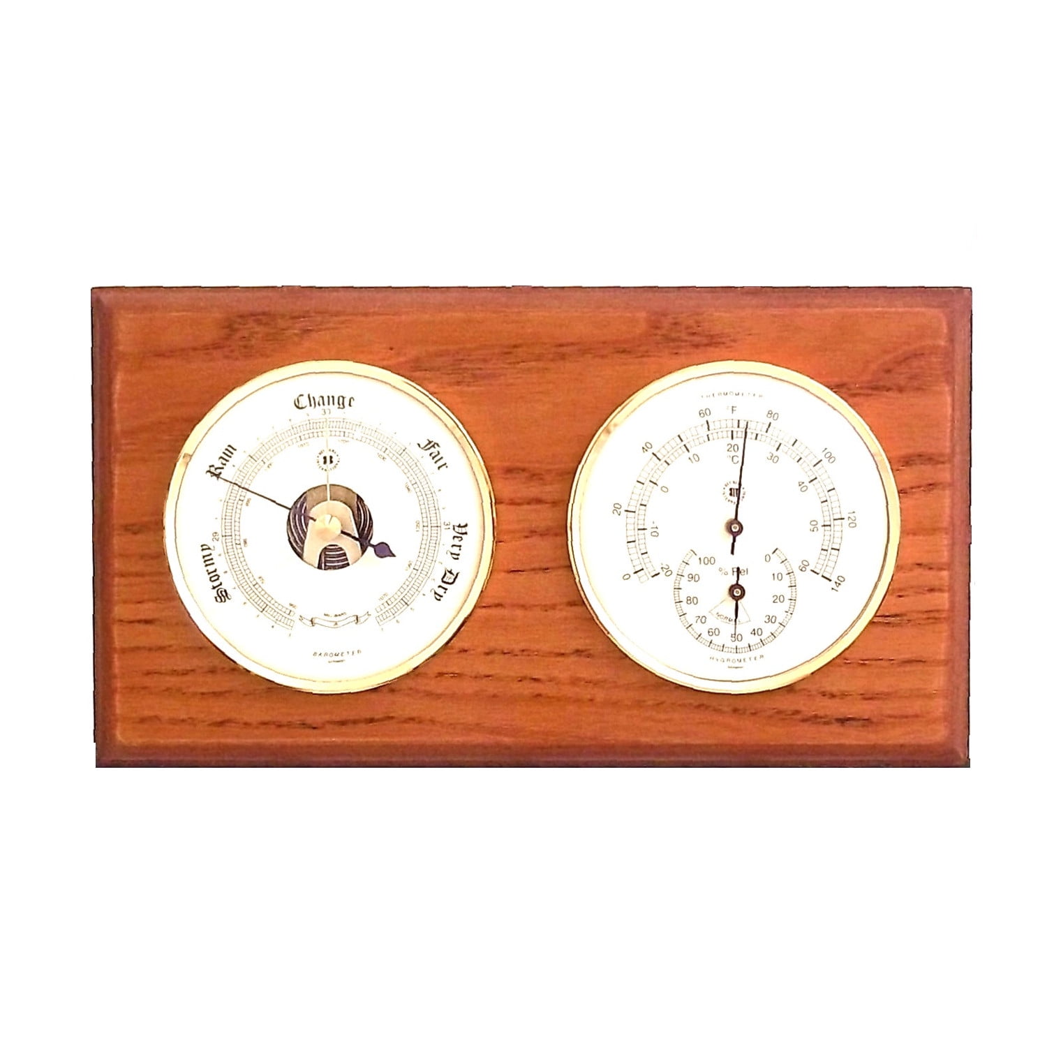 Barometer and Thermometer with Hygrometer on Oak Wood with Brass Bezel