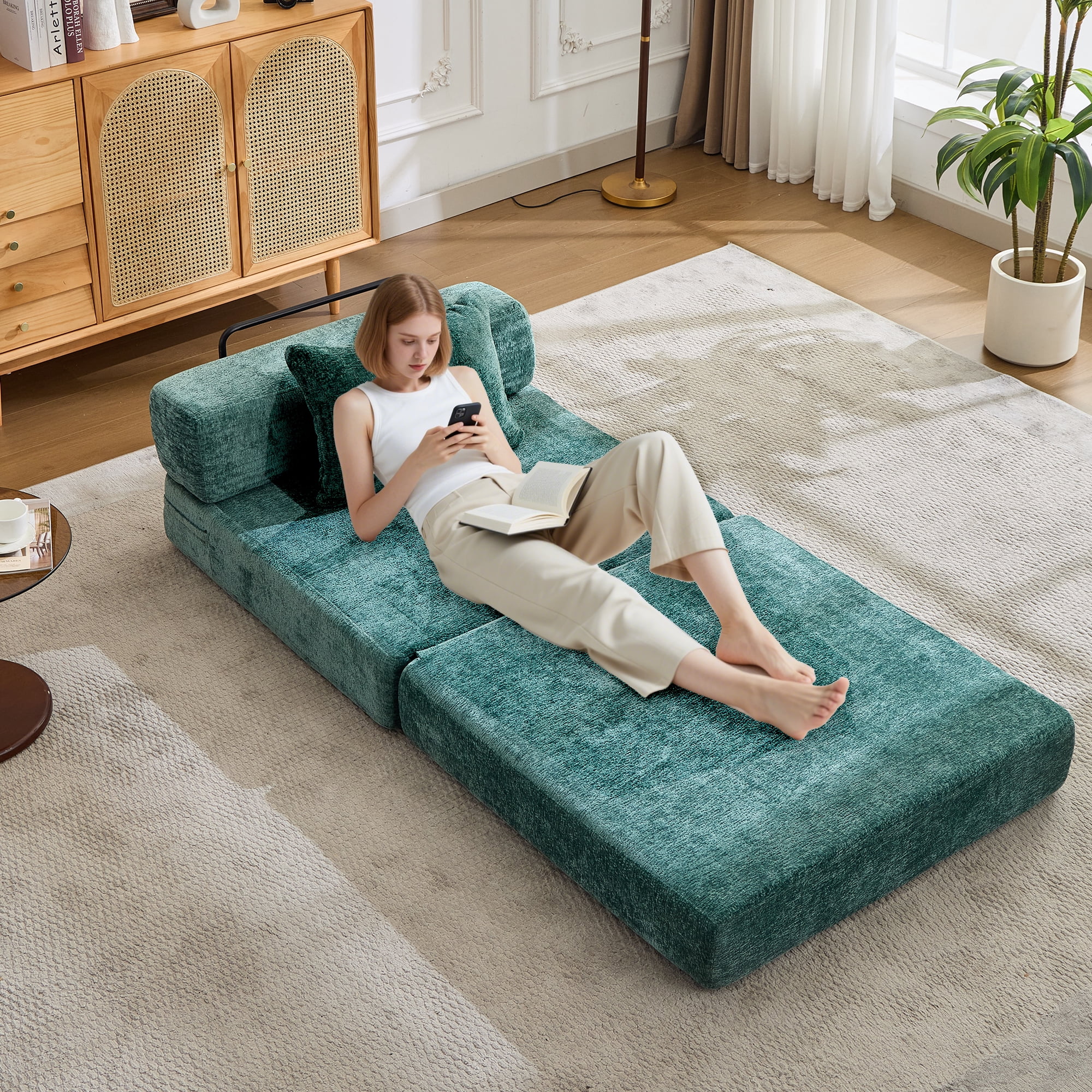 Miniyam Folding Sofa Bed, Convertible Sleeper Chair with Pillow Foldable Mattress with Back Support, Green