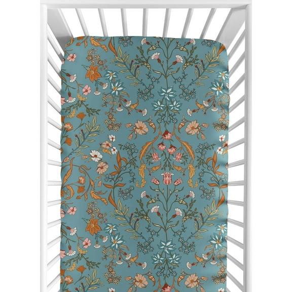 Sweet Jojo Designs Boho Floral Wildflower Blue and Orange Fitted Crib Sheet