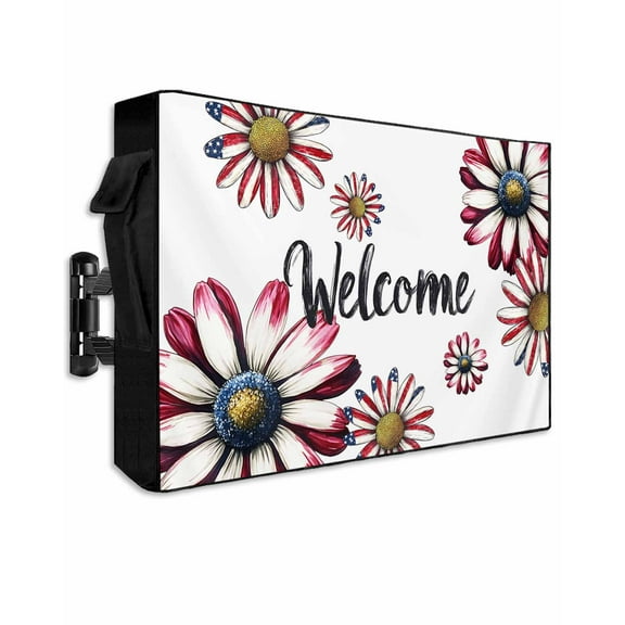 4th of July Outdoor TV Cover 30 to 32 Inch Weatherproof, Red White Spring Floral Daisy Independence Day 600D Oxford TV Covers with Waterproof Zipper, Outside Flat TV Screen Protector 30"Wx19"Hx4.5"D
