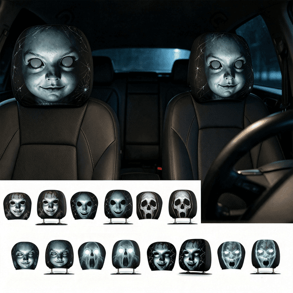 2 Pcs Halloween Horror Face Car Headrest Covers, Spooky Scary Doll Skull Ghost Print Car Seat Headrest Pillow Cases, Stretch Fabric Automotive Interior Decor For Halloween Prank Vehicle Accessories