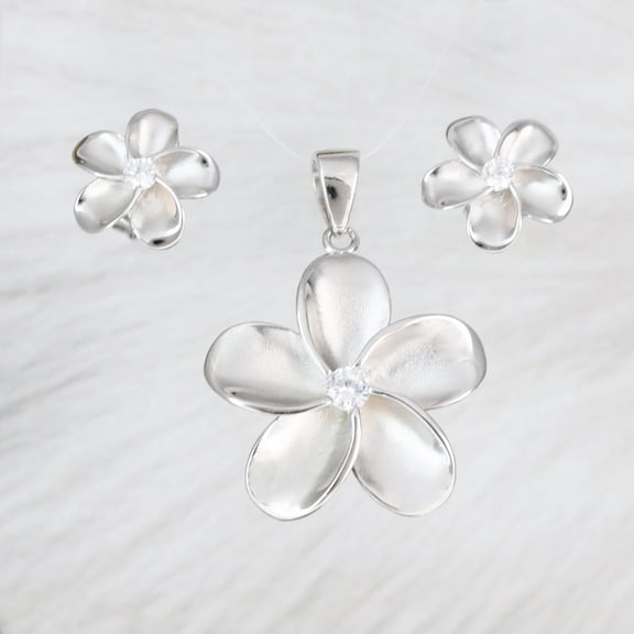 Beautiful Hawaiian Plumeria Necklace and Earring, Sterling Silver Plumeria Flower CZ Pendant, N2031S Birthday Valentine Wife Mom Gift