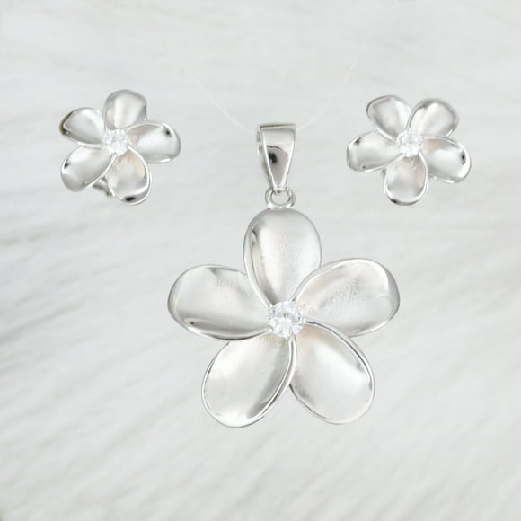 Beautiful Hawaiian Plumeria Necklace and Earring, Sterling Silver Plumeria Flower CZ Pendant, N2031S Birthday Valentine Wife Mom Gift