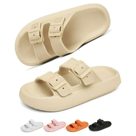 Slides Sandals Women Men Cloud Slippers Adjustable Buckles House Shower Shoes Cushion Soft Comfort  Beige