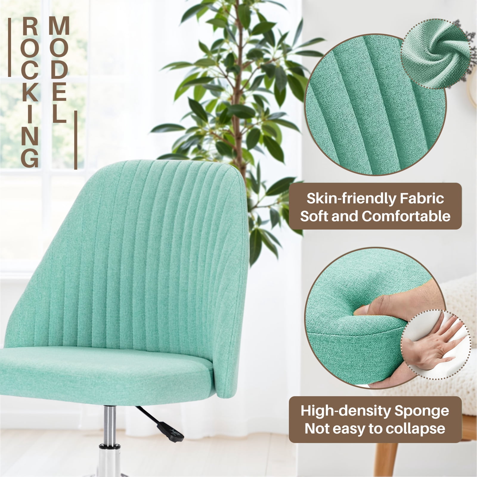 Colorful Linen Desk Chair, Comfy Thick Seat with Swivel Wheels, Armless Task Chair, Green
