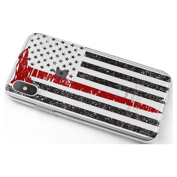 DistinctInk Clear Shockproof Hybrid Case for iPhone X / XS (5.8" Screen) - TPU Bumper, Acrylic Back, Tempered Glass Screen Protector - Weathered Thin Red Line US Flag With Axe Fire Fighters