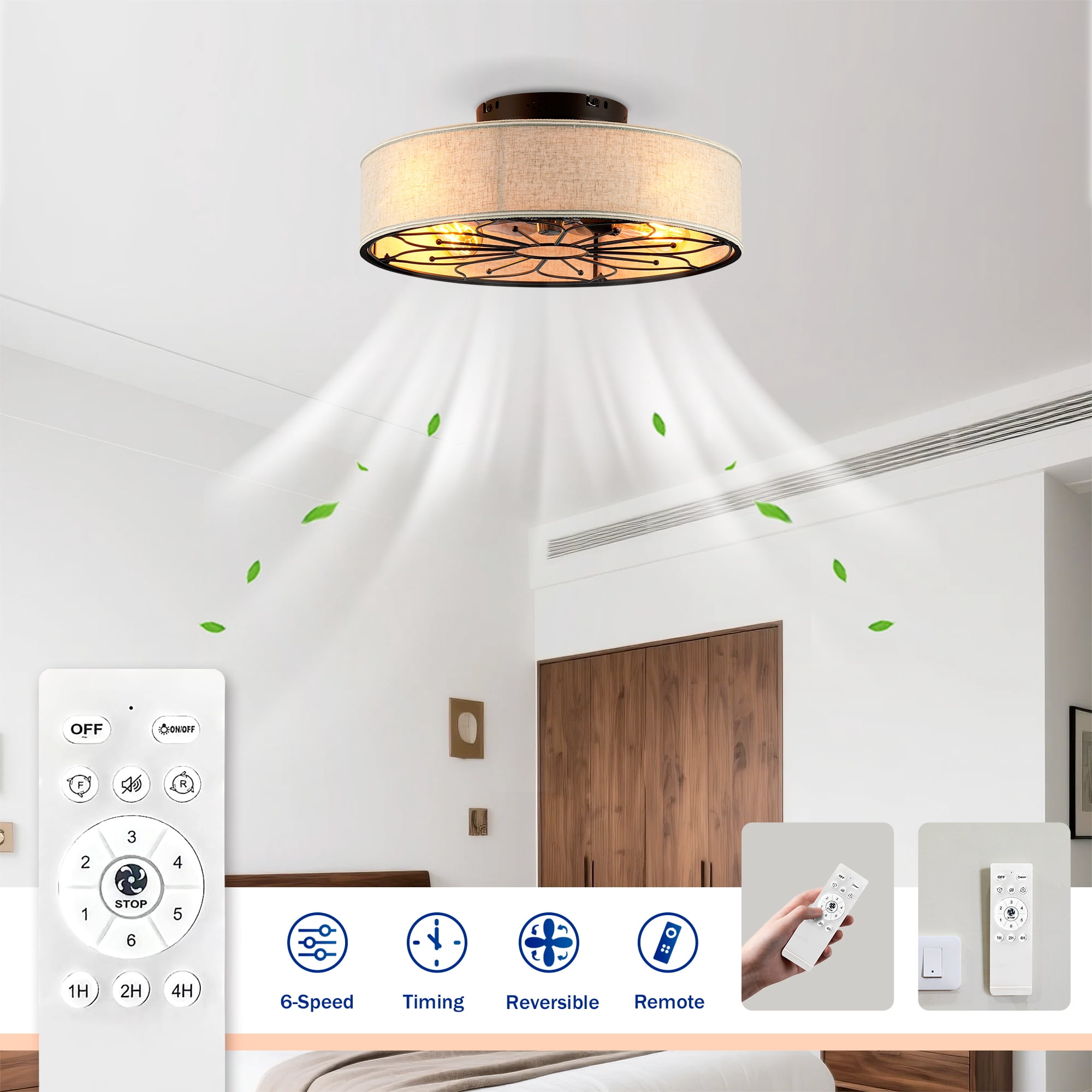 Leumius 20" Fabric Farmhouse Ceiling Fan with Light and Remote Control,Low Profile Modern Enclosed Ceiling Fans with Reversible Motor for Living Room,Bedroom,Kitchen Black (NOT Included Bulbs)